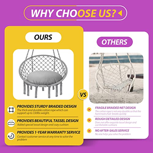 Patio Watcher Hammock Chair Hanging Macrame Swing with Cushion and