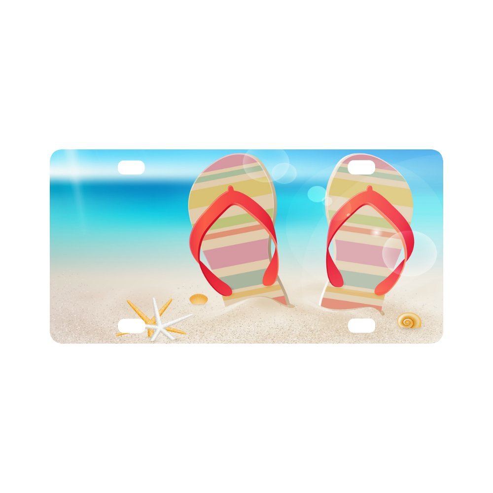 Summer Starfish Flip Flop on Beach Durable License Plate Frame Metal Personalized Car Tag 12 X 6 inches (4 Holes)