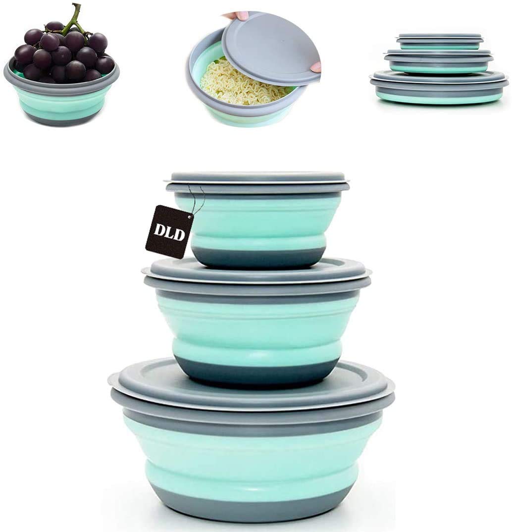 3PCs Collapsible Bowl Sets Food Storage Outdoor Tableware Silicone Folding Lunch Box Portable Salad Bowl with Lid for Outdoor Camping Hiking, (Green) …