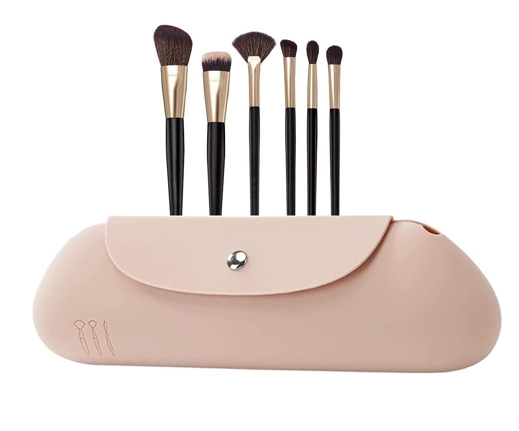 Silicone Makeup Brush Holder Makeup Bag Cosmetic Travel Bag Waterproof Make up Organizer Portable Brushes Case Toiletry Pouch Anti-Fall Out Magnetic Closure Purse Bag (Khaki)