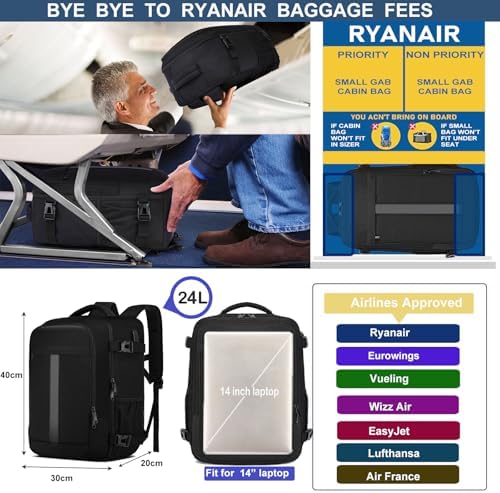 Ryanair Handgepäck 40x30x20 Rucksack 40x30x20 Eurowings Handgepäck Rucksack Flugzeug Reiserucksack Herren Handgepäck Tasche Laptop Rucksack 14 Zoll mit USB Ladeanschluss Reisetasche für Damen,Schwarz