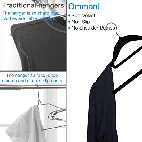 Ommani Velvet Hangers, Non Slip Clothes Hangers Heavy Duty Durable Space Saving with 360 Degree Swivel Chrome Hook Accessory Bar, Velvet Suit Hangers for Coat Skirt Shirt Pants Dress - 20 Pack Black