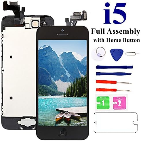 Nroech Screen Replacement for iPhone 5(Black), Full Assembly with Front Camera, Ear Speaker and Light/Proximity sensor Pre-assembled,Tools &amp; Tempered Glass Screen Protector Included.