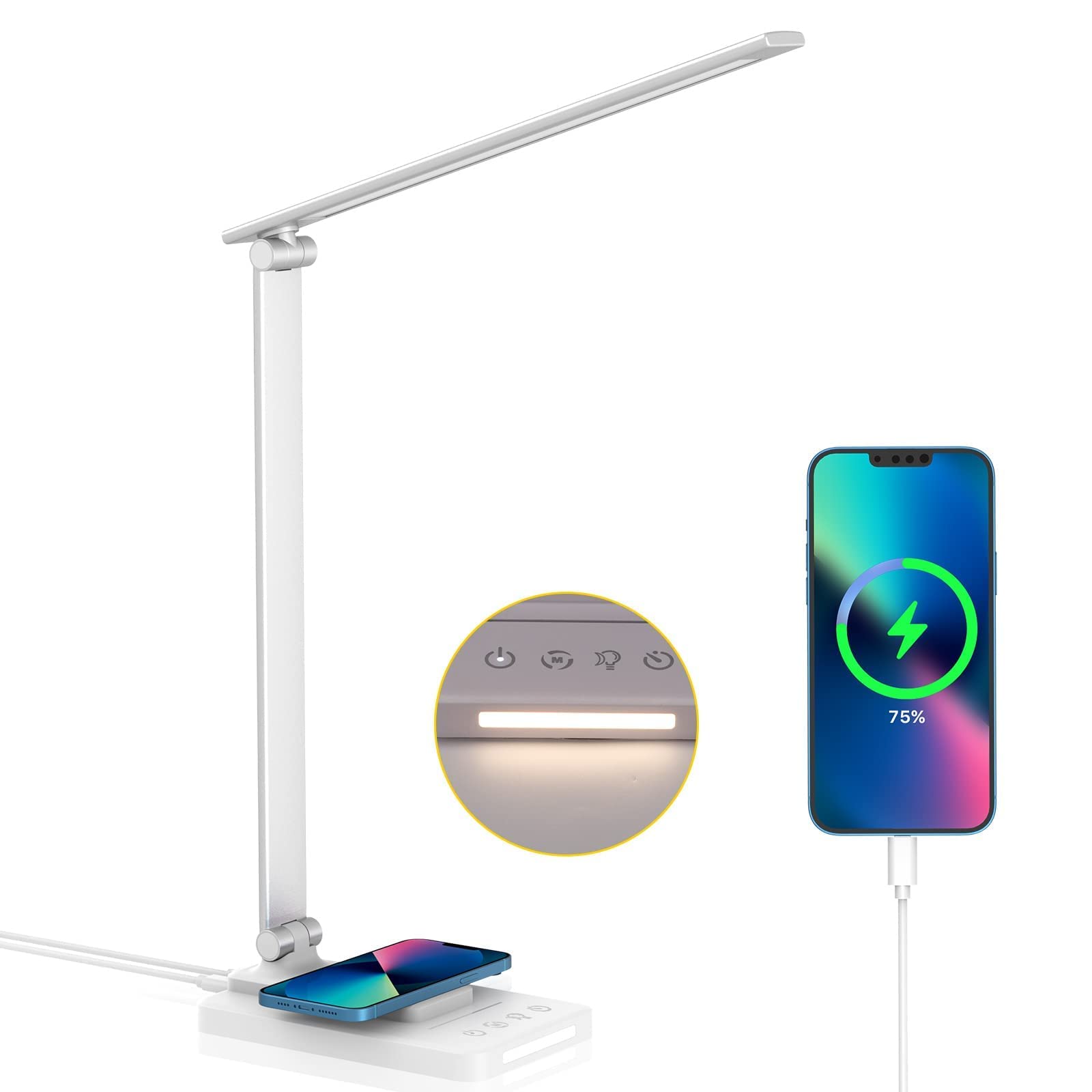 LED Desk Lamp with Wireless Charger, Eye Protection Bedside Lamp with Night Light, 5 Light Modes x 5 Levels of Brightness, Touch Control, USB Charging Port, Auto Timing,Dimmable Desk Lamps for Study