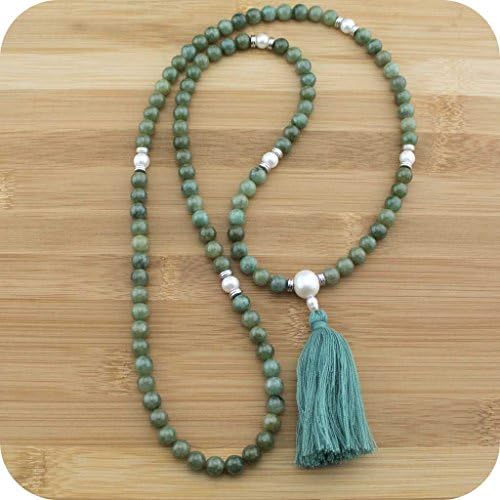 Mala Beads Necklace with Green Jade &amp; Freshwater Pearl - Premium Spiritual Japa Yoga Jewelry for Meditation &amp; Buddhist Prayer Mantra Counting - Meditative Wisdom