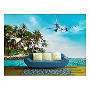 Airplane Flying Over Amazing Ocean Landscape with Tropical Island. Thailand Travel Destinations - Removable Wall Mural | Self-Adhesive Large Wallpaper - 66x96 inches