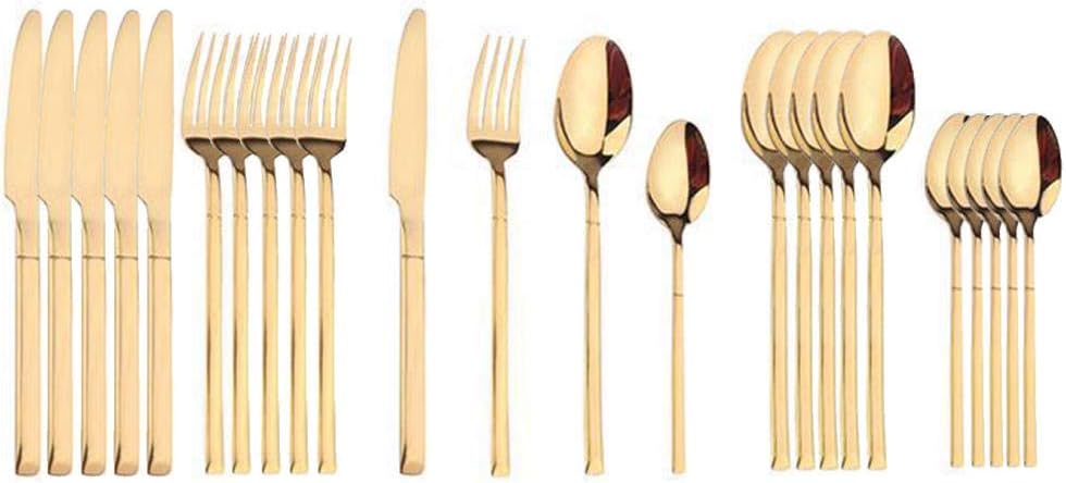 24 Pcs Black Gold Steak Cutlery Set, Silverware Dinner Set for Kitchen, Mirror Polished, Dishwasher Safe-Gold