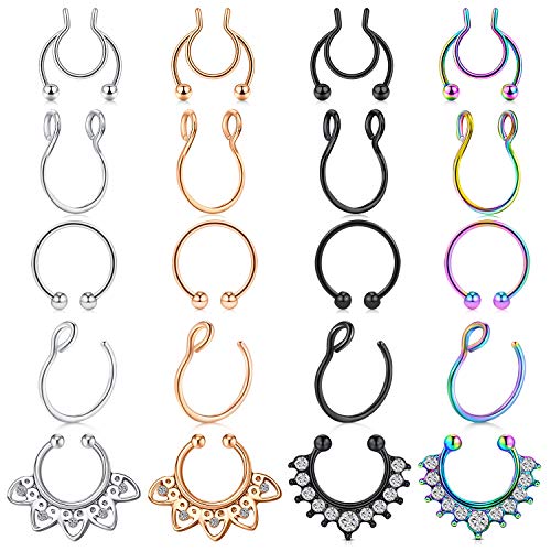 MODRSA Faux Septum Piercing Faux Septum Nariz Anillos de aro Acero inoxidable Faux Lip Oreja Nariz Anillo de tabique facial No piercing Clip On Moon Anillos de nariz Aros