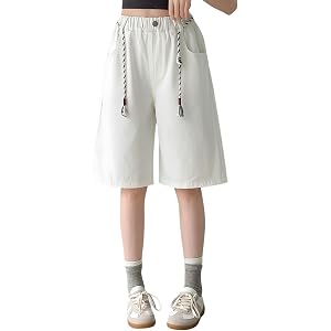 Girls Jean Shorts Baggy Wide Leg Bermuda Denim Shorts Teens Drawstring Elastic Waist Jorts Summer Y2k Skater Streetwear