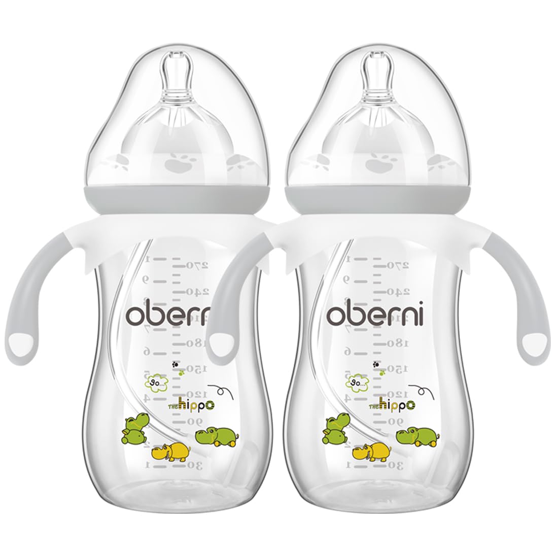 Oberni Weighted Baby Bottles with Size 4 Fast Flow Breast-Like Teat for 12 Months Plus / 1 Year Old Newborn Babies, 270ml/9oz, Non-Slip Handles, Anti-Colic, Grey/2 Pack