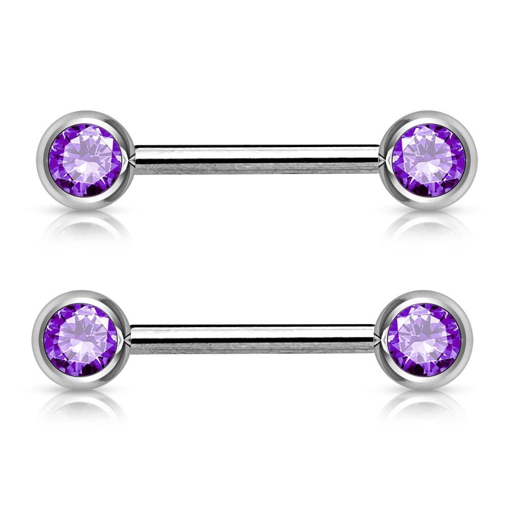 PiercedOff 316L Surgical Steel Nipple Bar with Forward Facing Tanzanite CZ Gem Balls - Thickness 14GA (1.6mm) / Length 12mm / Ball Sizes 5mm - Sold as a Pack of 2 Nipple Bars