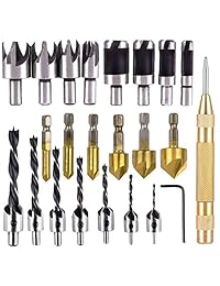 Rocaris - Juego de 23 brocas de taladro para carpintería, 6 brocas hexagonales de 1 4" de 5 flautas de 90 grados, 7 brocas de tres puntas con llave L, 8 cortadores de madera y automática