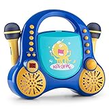 auna Rockpocket equipo de karaoke infantil (dos micrófonos, lector CD, bordes y esquinas redondeados, pegatinas para decorar) - azul