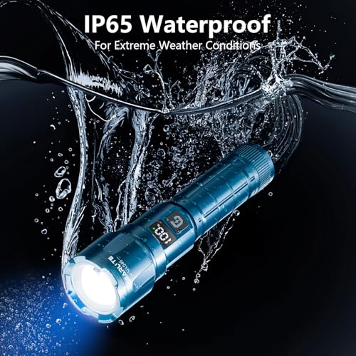GEARLITE LED Rechargeable Torch, 3 Light Modes, 6000 L, Super Bright Zoomable Torches with LCD Battery Display, IP65 Waterproof & XHP70.2 Tactical Torch for Camping, Fishing, Emergencies (2, Blue)