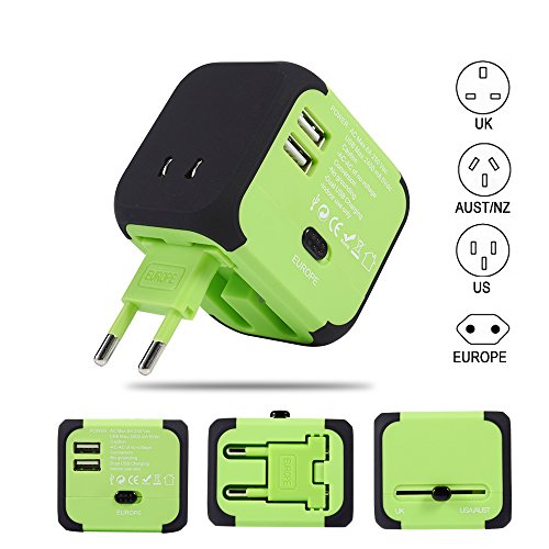 Maxracy International Travel Power Adapter with 2.4A Dual USB Charger and Built-in Spare Fuse Universal AC Wall Outlet Plugs All-in-One for UK, US, AU, Europe & Asia (Green) - Thumbnail 3