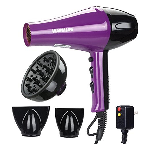 Warmlife 1875W Professional AC Motor Hair Dryer, Negative Ions Ceramic Ionic Blow Dryer with 2 Speed and 3 Heat Settings Cold Shot Button, with Concentrator & Diffuser Low Noise (Purple)