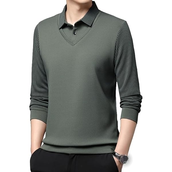 トップス OVY Two Layers Long Sleeve Polo Men's Faux Two Piece Lapel Long-Sleeve Tops, Fake Two Piece