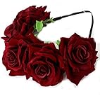Floral Fall Rose Flower Crown Garland Festival Wedding Hair Wreaths Headbands F-32 (Burgundy)