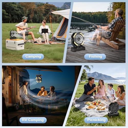 Ateroll 20000 mAh Battery Camping Fan with Mist, USB Fan Battery with Remote Control, LED, Hanging Hook, Table Fan for Tent, Outdoor, Home, Patio, Travel