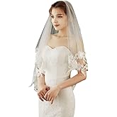 Kokoma Elegant Bridal Wedding Veil, 2-Tier White Bridal Veils Fingertip Length with Floral Lace Appliques Soft Tulle with Comb Wedding Accessories