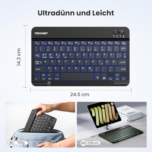 TECKNET German Bluetooth Keyboard for Tablet/iPad Mini/Pro/Air/10.2/10.9/iPhone/Android/Windows, iPad Keyboard with Lighting, Rechargeable, Portable, Wireless, Ultra Thin, Black
