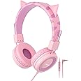 SIMJAR Cat Ear Kids Headphones with Microphone for School, Volume Limiter 85/94dB, Wired Girls Headphones with Foldable Design for Online Learning/Travel/Tablet/iPad (Pink)