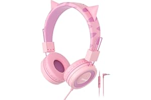 SIMJAR Cat Ear Kids Headphones with Microphone for School, Volume Limiter 85/94dB, Wired Girls Headphones with Foldable Design for Online Learning/Travel/Tablet/iPad (Pink)