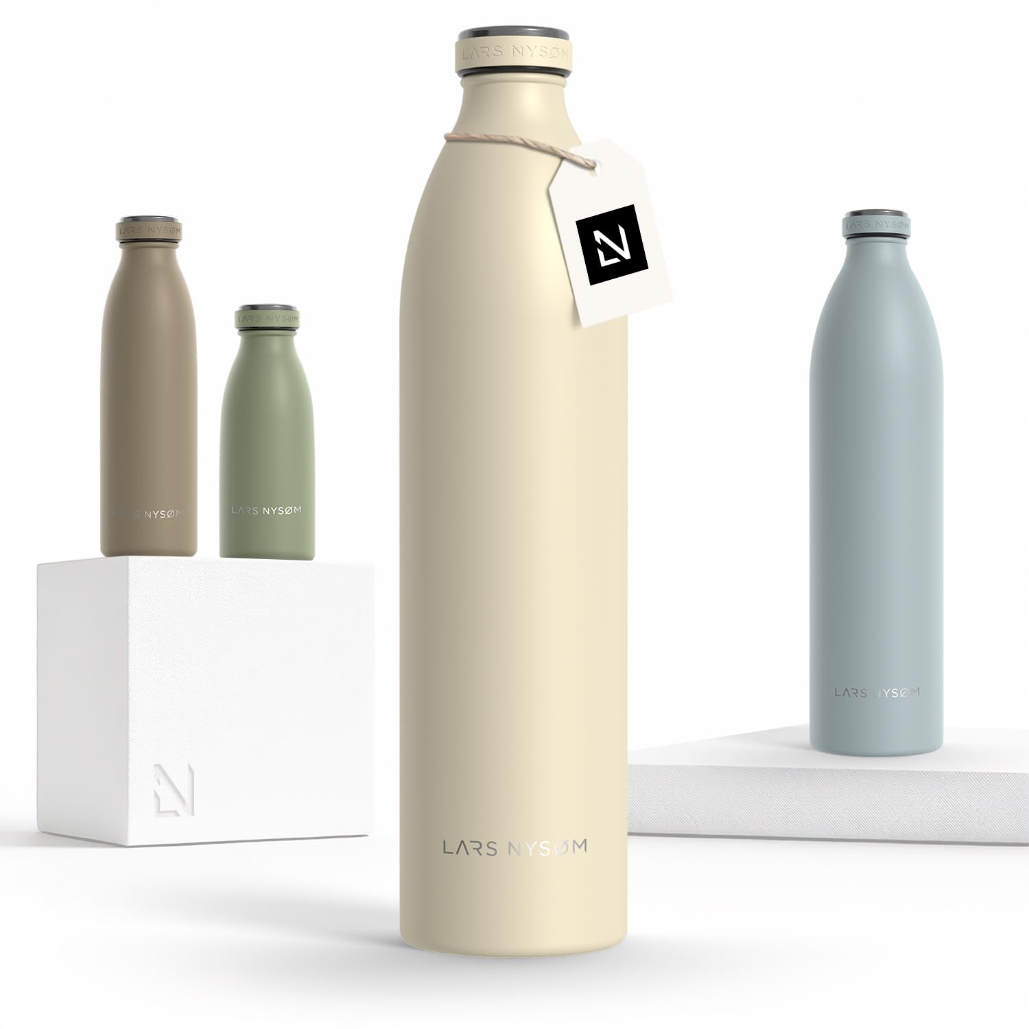 LARS NYSØM Stainless Steel Insulated XL Water Bottle 350ml, 500ml, 750ml, 1L, 1 5 Liter| Insulated Thermo Flask for Hot and Cold Beverages | Leakproof Drinking Bottle (Almond Beige, XL 1500ml)
