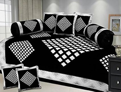 ST DECOR STORE 500 TC Velvet Diwan Set, 1 Single Bedsheet (88 x 56-inch), 5 Cushion Covers (16 x 16-inch) and 2 Bolster Covers (31 x 16-inch) (Black)