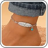 Sttiafay Boho Feather Anklet Bracelet Silver Feather Anklet Chain Turquoise Bead Foot Ankle Minimalist Chain Anklet Summer Beach Foot Anklet Foot Jewelry for Women