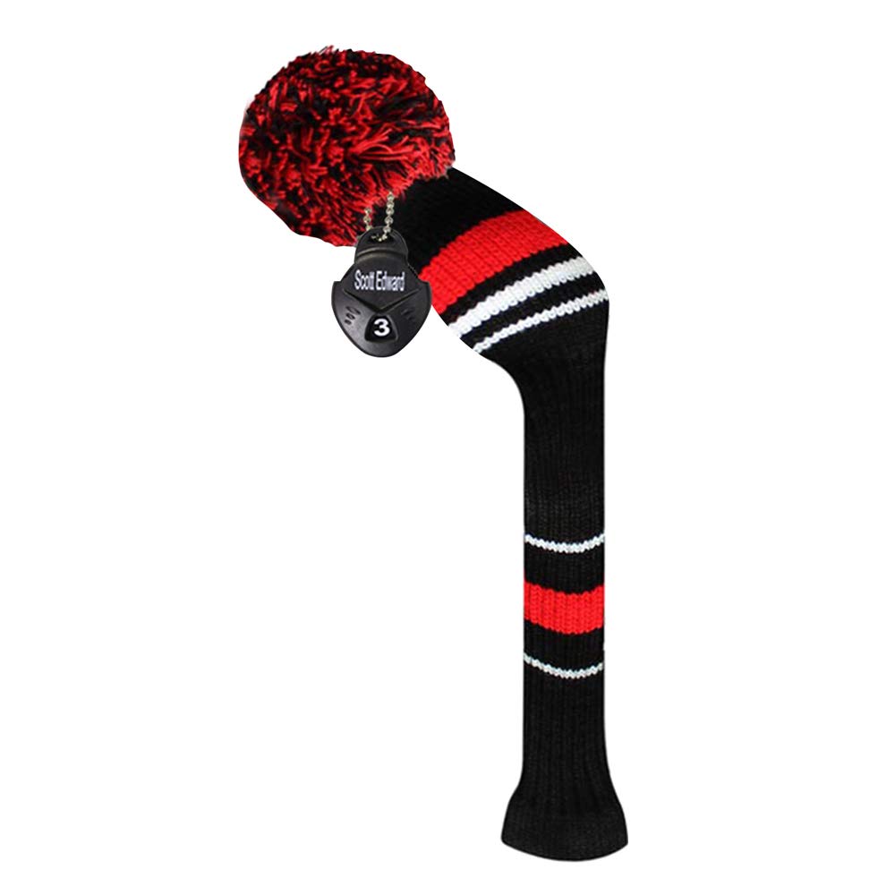 Scott Edward Knit Golf Head Cover 1 Piece Packed for Fairway/Hybrid, Long Neck, Big Pom Pom, Low-Key Style, Suitable for men/women (Fairway Black Red White Stripes)