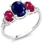 Gem Stone King 10K White Gold Oval 8X6MM Blue Sapphire 6X4MM Red Ruby and Diamond Accent 3-Stone Engagement Ring | 3.04 Cttw | 3 Stone Wedding Anniversary Promise Ring For Women
