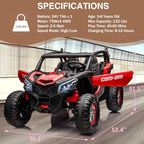 24V Carro Electrico Niño Montable con Tracción en las 4 Ruedas, 300W Moto Electrica Infantil Niño con 2.4G Control Remoto Manejo, Luces LED y Música, Velocidad Máxima 8KM/H, Montables con 2 Plazas, 3+