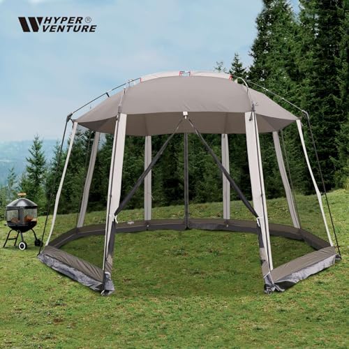 HYPER VENTURE Screen House 13x13 Feet Octagonal Mesh Canopy Camping Gazebo Shelter Tent for 8-10 People Outdoor Party Activities, Grey …