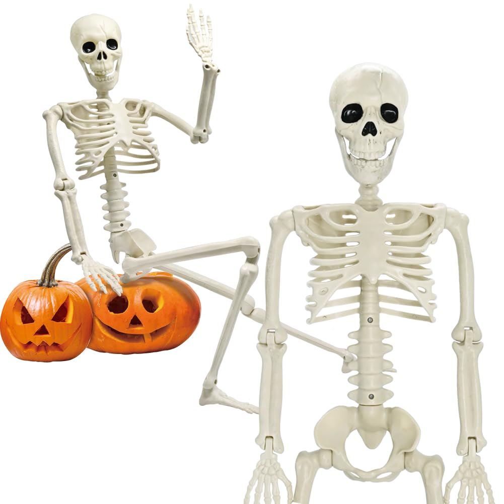 Photo 1 of UMEELR 36in/3ft Life Size Posable Skeleton, Plastic Full Body with Movable Joints Skeleton for Halloween Party Prop Graveyard Haunted House Decorations