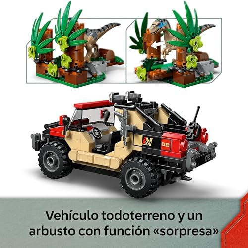 Jurassic World Huida en Todoterreno y Raptor al Acecho - 2 Figuras de Dinosaurios, Coche de Juguete y 2 Minifiguras - Regalo para Niños de 6+ Años y Fans de la Película 76972