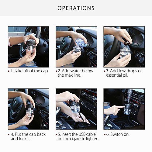 USB Car Diffuser, Homecube Ultrasonic Cool Mist Humidifier Car Air Freshener with 360°Rotation Micro Cable and 7 Color LED Lights for Office Home Vehicle Travel (black)