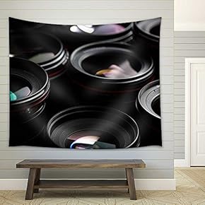 Modern Camera Lenses with Reflections, Low Key Image - Fabric Wall Tapestry Home Decor - 51x60 inches