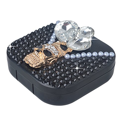 KAKA(TM Fashion Box Kit 3D Handmade Rhinestone Bling Crystal Design Skull Pattern Decorated Black Mini Contact lenses Case