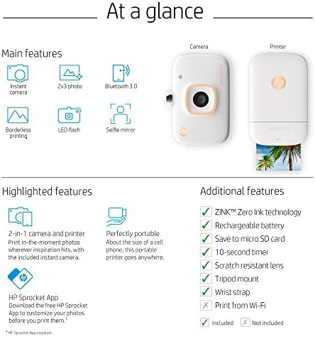 HP Sprocket 2-in-1 Portable Photo Printer & Instant Camera Bundle with 8GB MicroSD Card and ZINK Photo Paper – White (5MS95A) 6 51hEN3CG4IL. AC