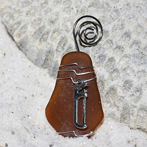 Surf Tumbled Sea Glass Ornament with a Silver Hacksaw Charm - Choose Your Color Sea Glass Frosted, Green, and Brown - Made to Order