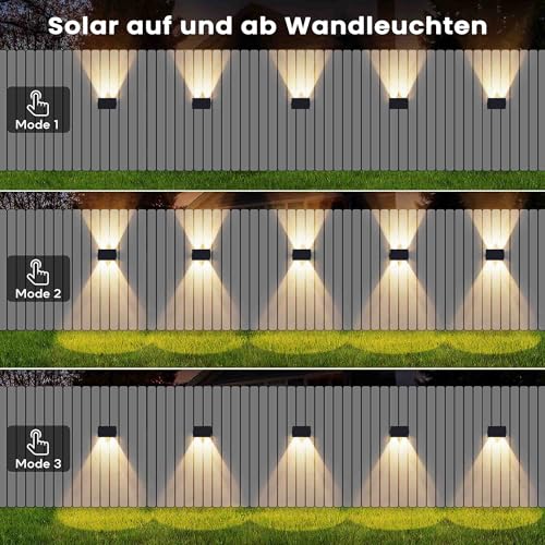 IIRARA Wall Light Solar Outdoor Solar Wall Light Outdoor Solar Lights Up and Down Illuminated 4 LEDs IP67 Waterproof Solar Light for Garden Balcony Patio Stairs Warm White Pack of 4