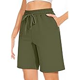 TARSE Women's Bermuda Shorts Long Cotton Loose with Pockets Knee Length for Yoga Casual Walking Exercise Shorts