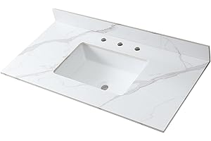 MONTARY 43 Inch Bathroom Vanity Top with Undermounted Large Ceramic Sink & Backsplash, Sintered Stone Artificial Marble Vanity Sink Tops with 3 hole, Carrara Gold (Not included Faucet)