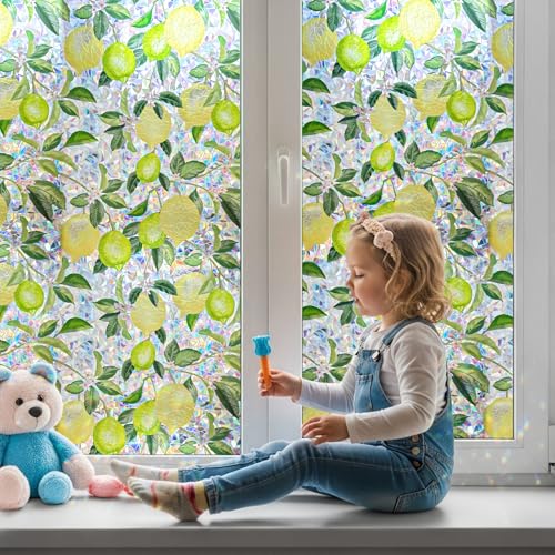 Qualsen Rainbow Effect Window Vinyl Stickers for Glass Electrostatic Lemon Tree Pattern Decorative Non-Adhesive Vinyl Anti UV Privacy Film Home Window 30 x 100 cm