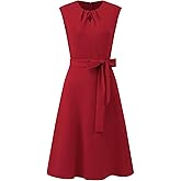 Hobemty Women's A-Line Sleeveless Dress Pleated Neck Tie Waist Summer Work Flare Dresses