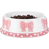 Reallnaive 1 Pcs Pink Ceramic Pet Bowl for Small Dogs Cats Food Water | Bowtie Polka Dot Design, Dishwasher Microwave Safe, Heavy Ceramic for Stability, Kitten Puppy Feeding, Cute Pink Macaron Bowl