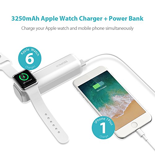 ROMOSS iRoll 3250mAh Portable Charger for All Apple Watch Series, Dual Port 2A Output External Power Bank for iPhone X/8 Plus/8/7Plus/7/6 Plus/6S and more USB devices - White