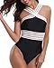 Holipick Women 1 Piece Sexy See Through Mesh Front Criss Cross Color Block Padded Monokini Swimsuit Black L