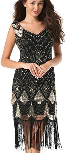 Mesisan Women Vintage 1920s Gatsby Cocktail Sequin Art Deco Tassels Hem Flapper Dress(GOLD Black S)